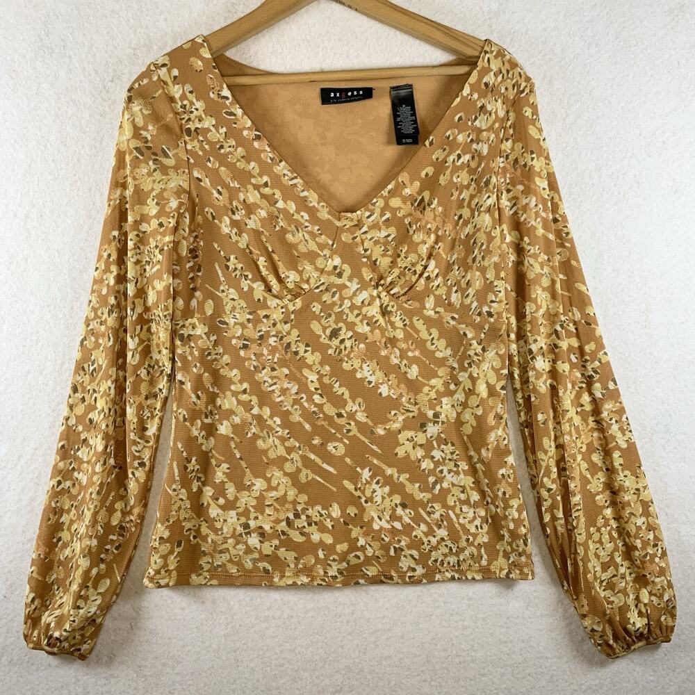 Womens Y2K Sheer Mesh Babydoll Top Sz‎ M Earthy Balloon Long Sleeve Cottage